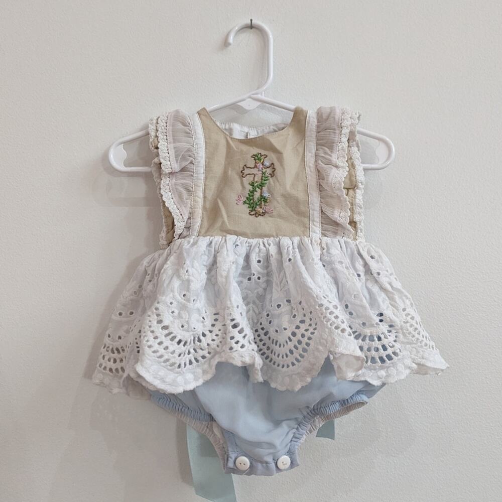 Smocked Sweets Bubble Romper Easter Baby Girls Sz 3m Cross Frilly